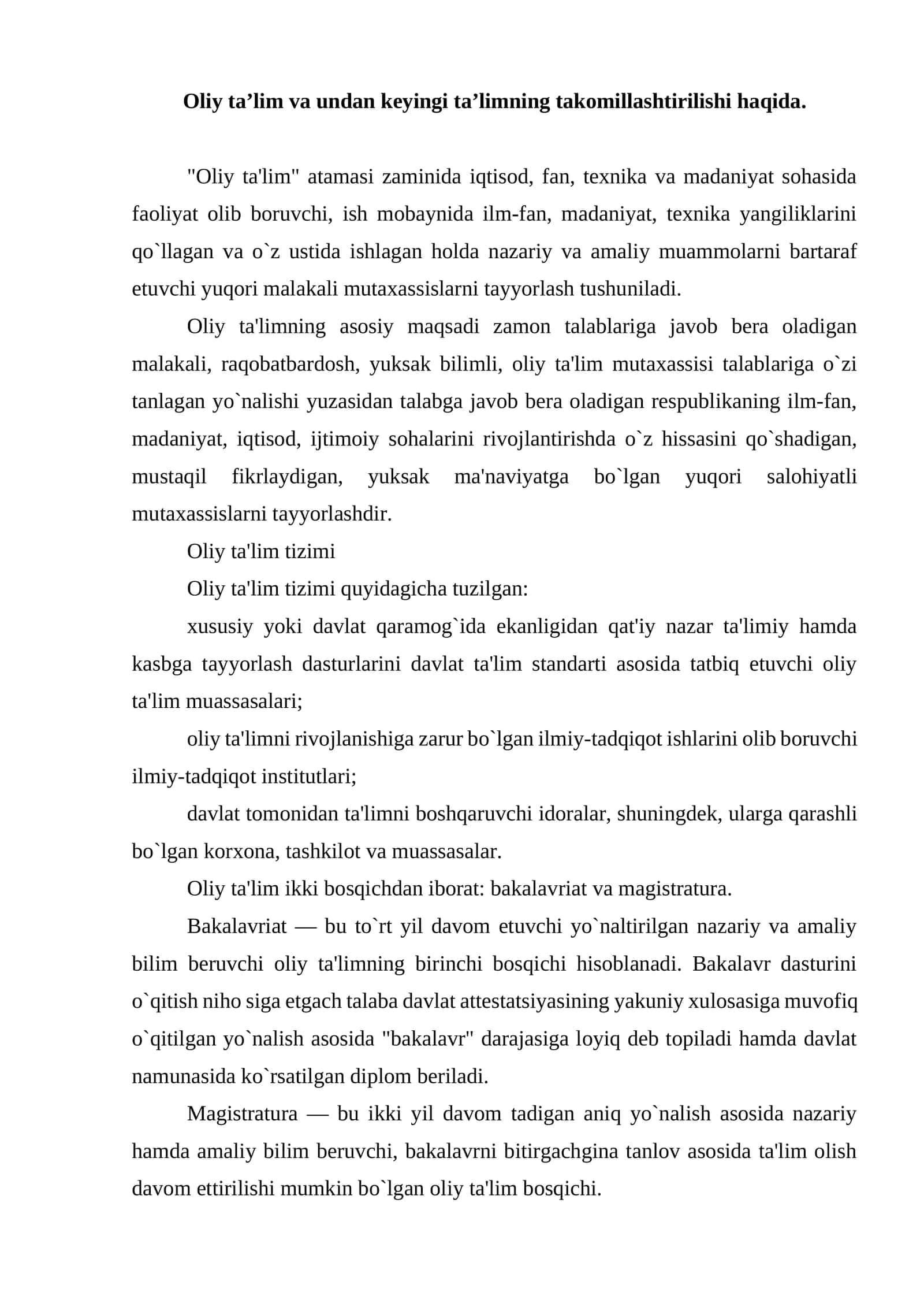 Oliy Ta'lim va Undan Keyingi Ta'limning Takomillashtirilishi
