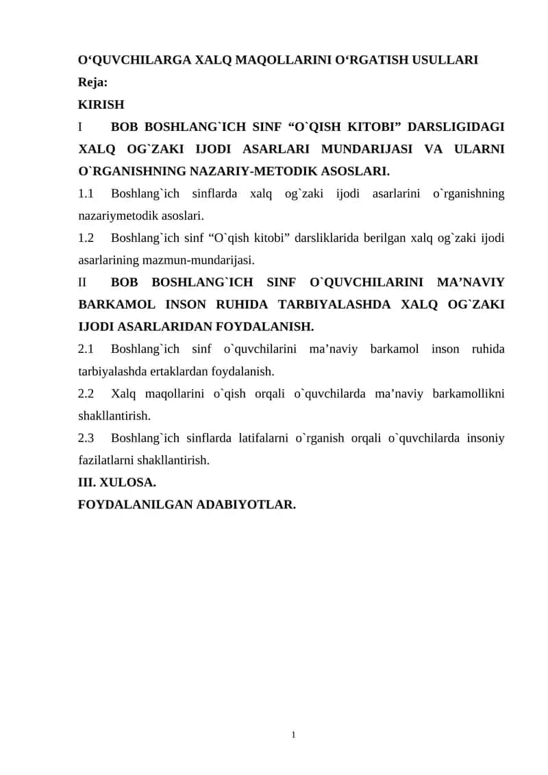 O‘QUVCHILARGA XALQ MAQOLLARINI O‘RGATISH USULLARI