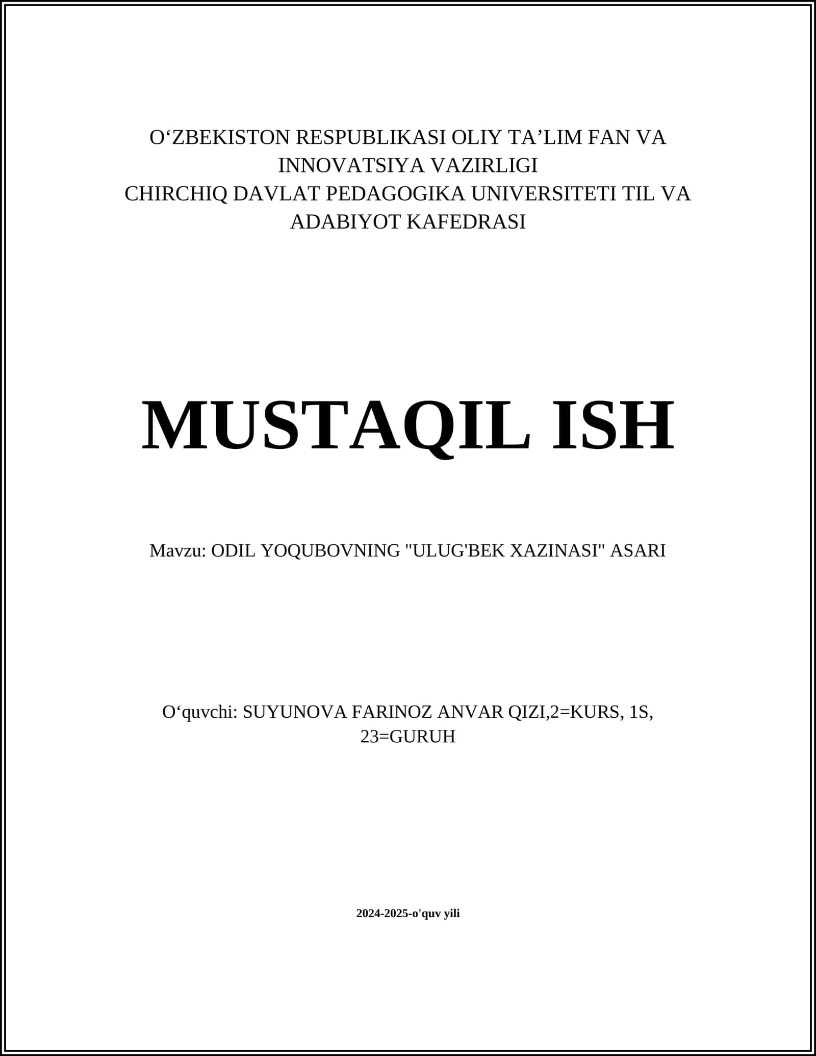 ODIL YOQUBOVNING "ULUG'BEK XAZINASI" ASARI