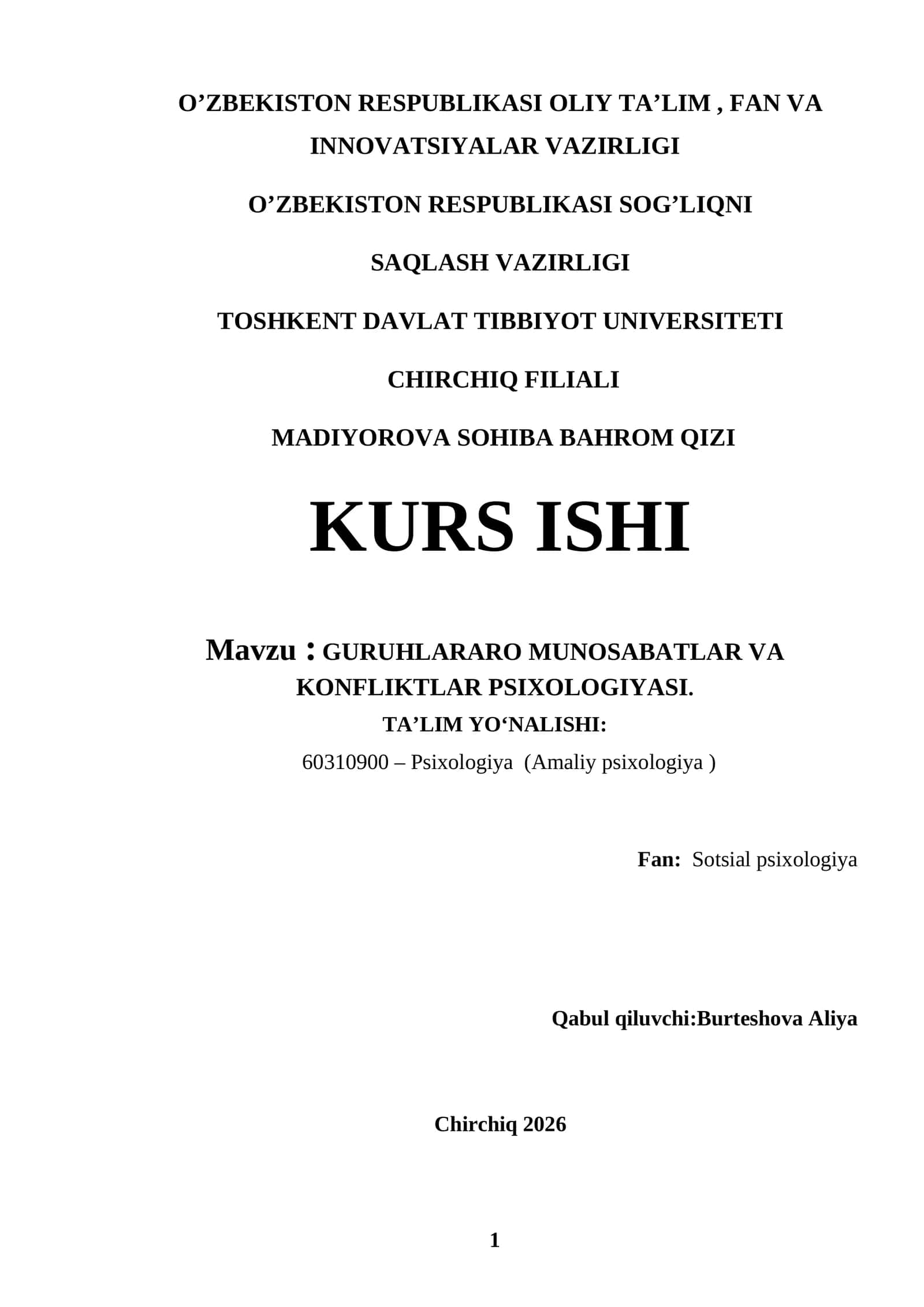 GURUHLARARO MUNOSABATLAR VA KONFLIKTLAR PSIXOLOGIYASI