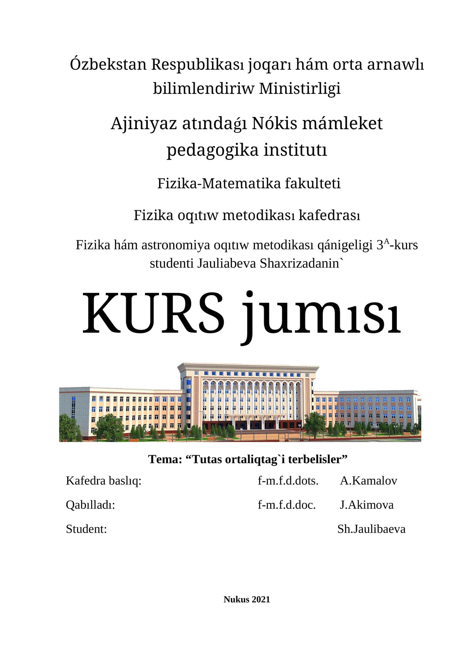 Fizika hám astronomiya oqıtıw metodikası qánigeligi 3A-kurs