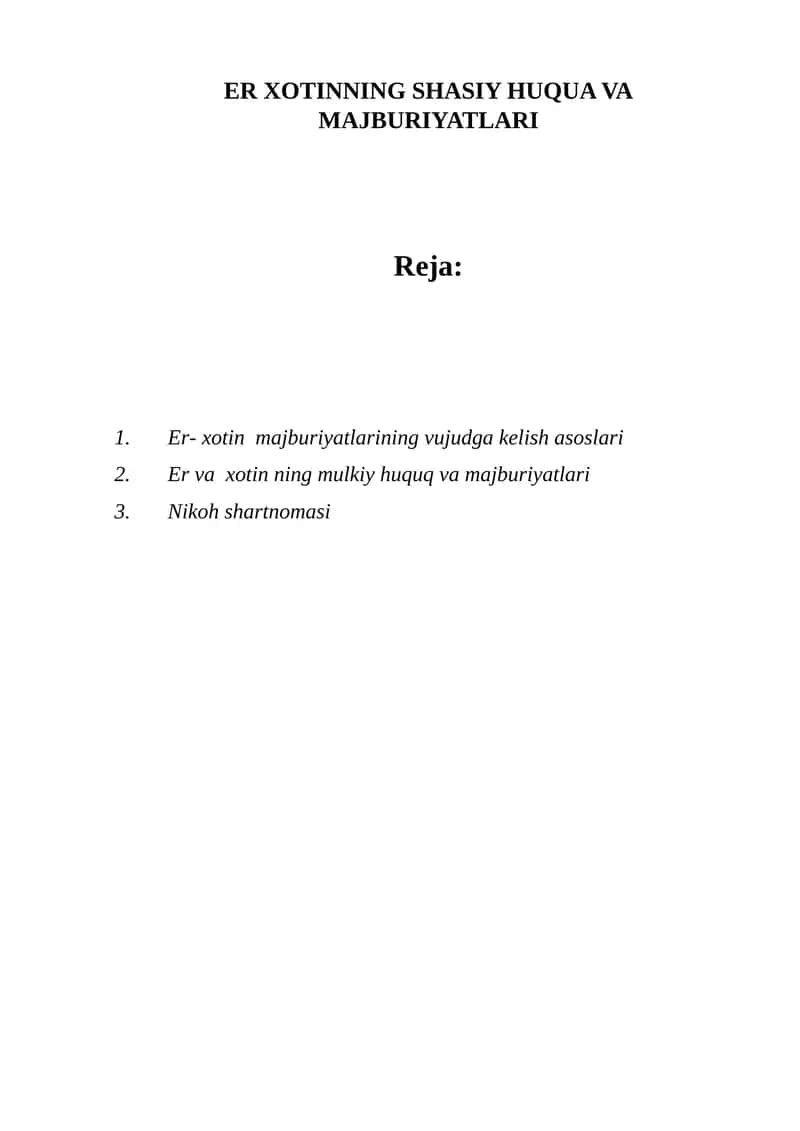 ER XOTINNING SHASIY HUQUA VA MAJBURIYATLARI