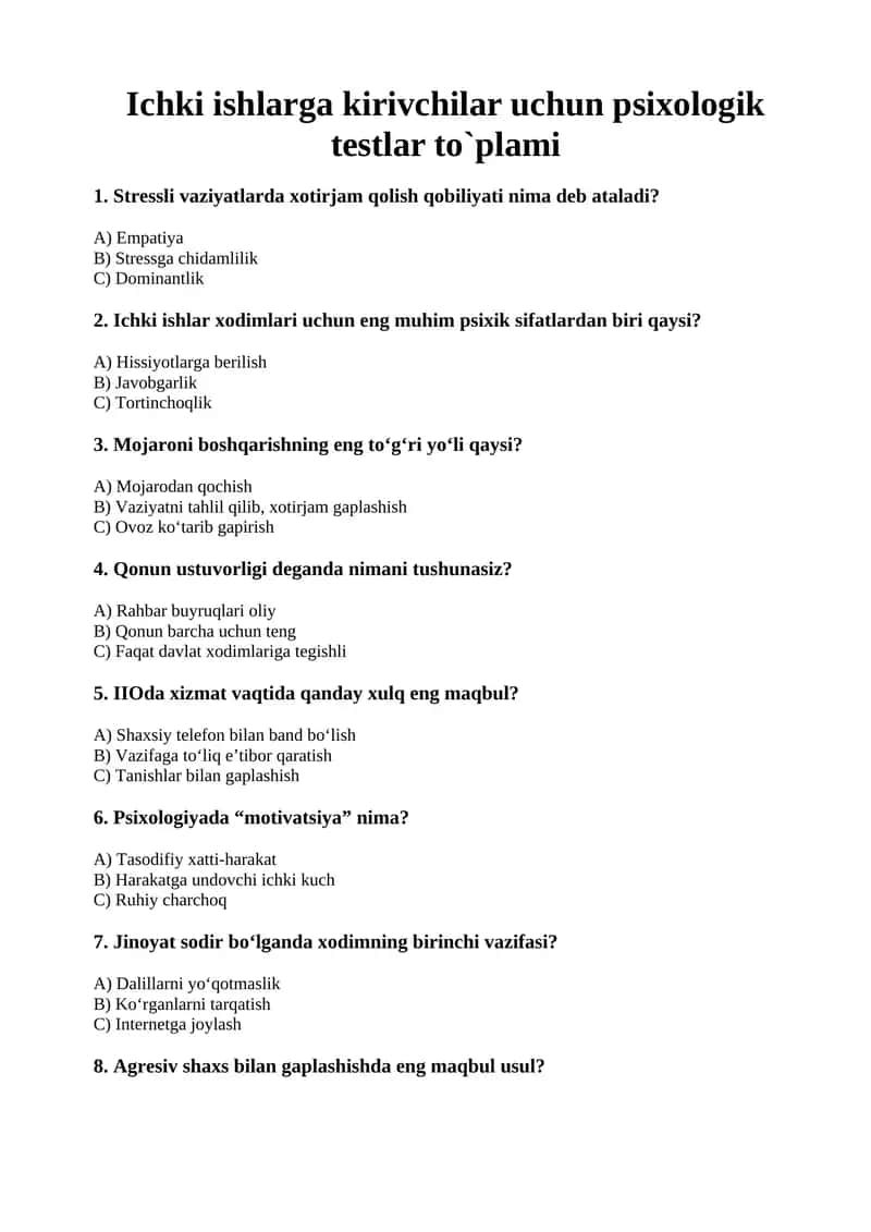 Ichki ishlarga kirivchilar uchun psixologik testlar to`plami