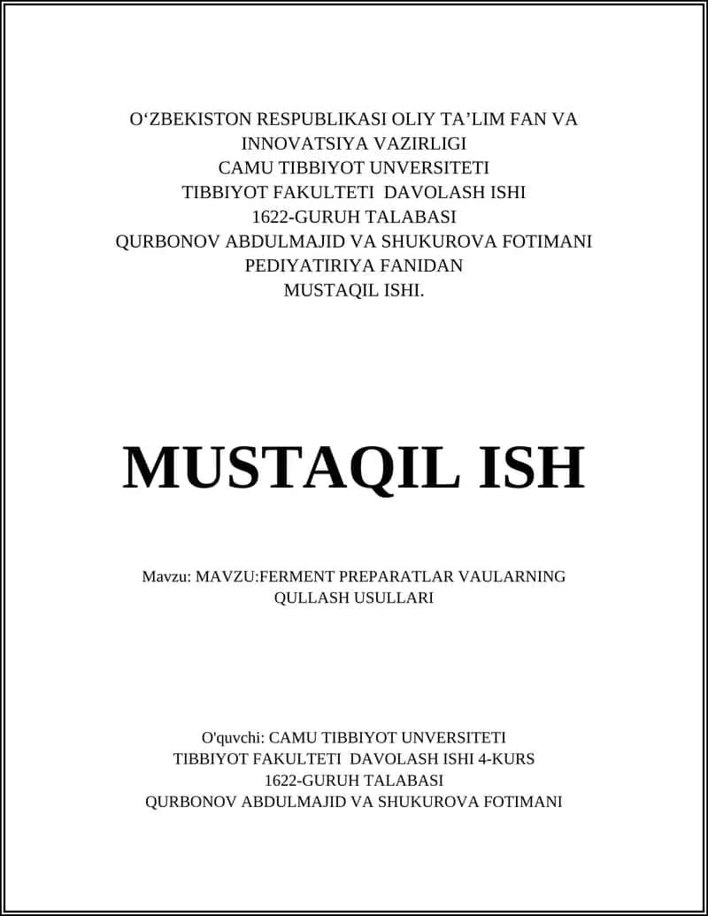 FERMENT PREPARATLAR VAULARNING QULLASH USULLARI