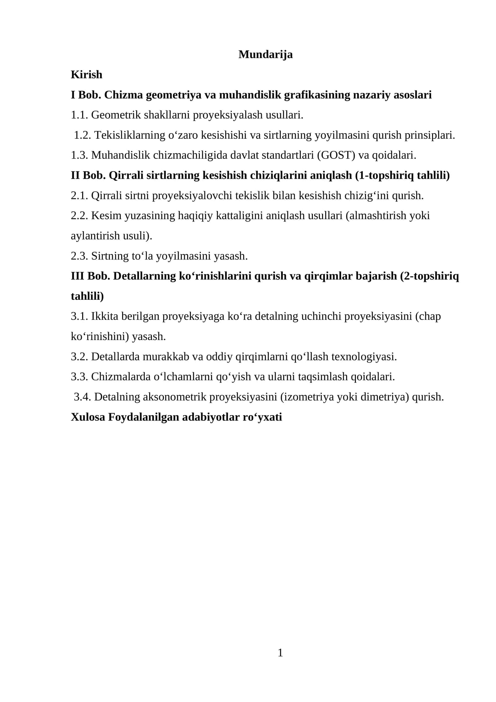 I Bob. Chizma geometriya va muhandislik grafikasining nazariy asoslari