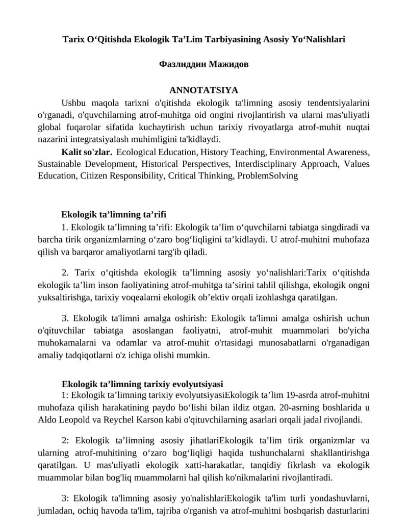 Tarix OʻQitishda Ekologik TaʼLim Tarbiyasining Asosiy YoʻNalishlari