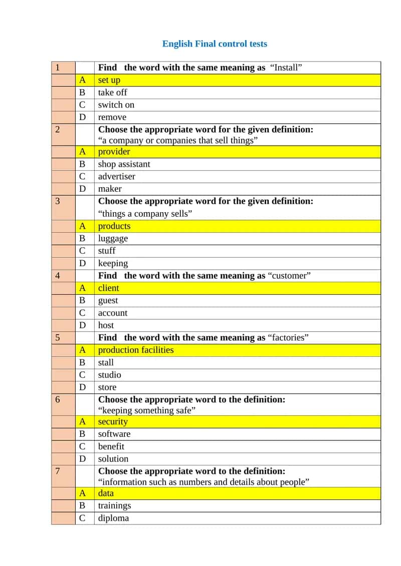 English Final control tests