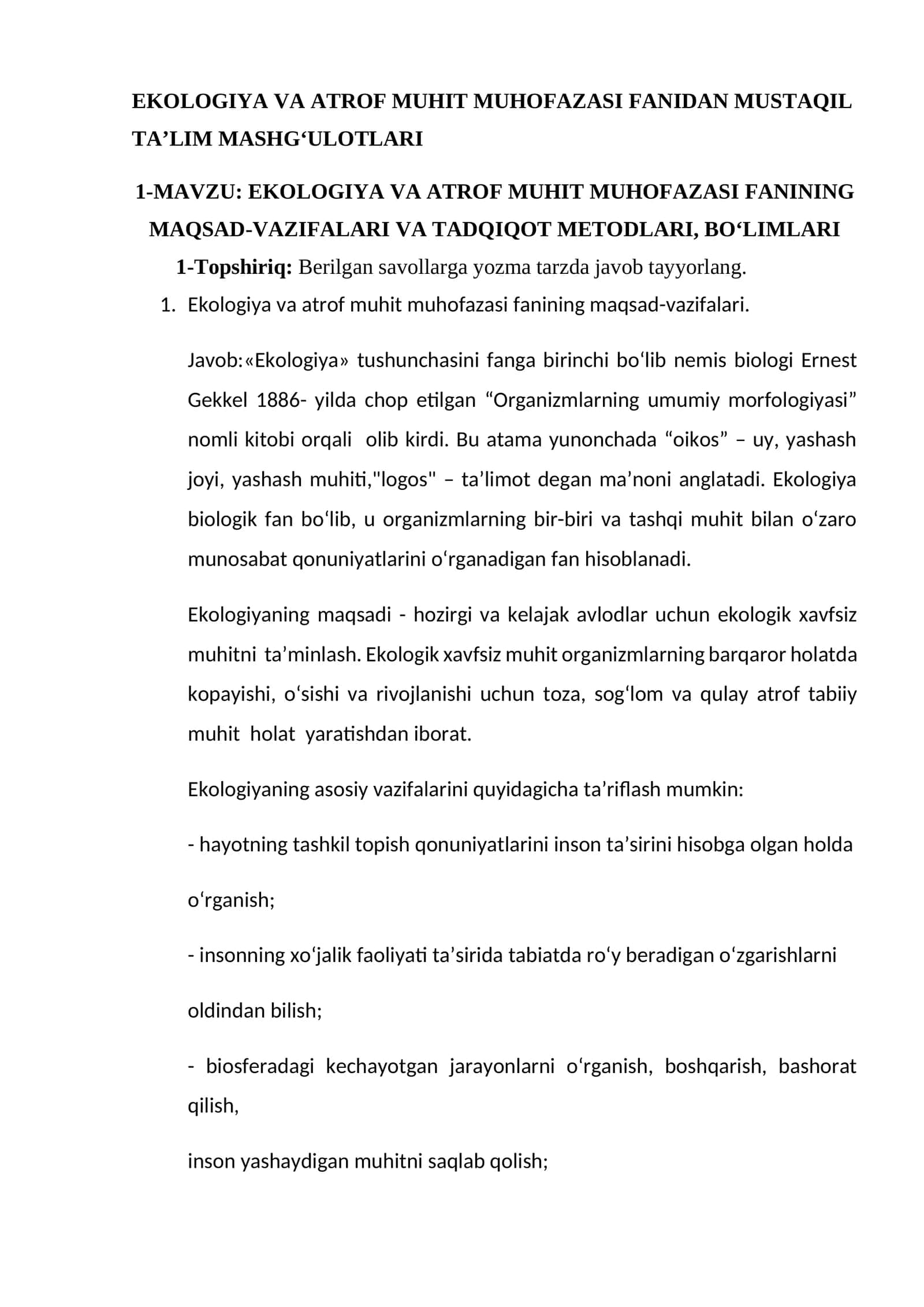 EKOLOGIYA VA ATROF MUHIT MUHOFAZASI FANIDAN MUSTAQIL TA’LIM MASHG‘ULOTLARI
