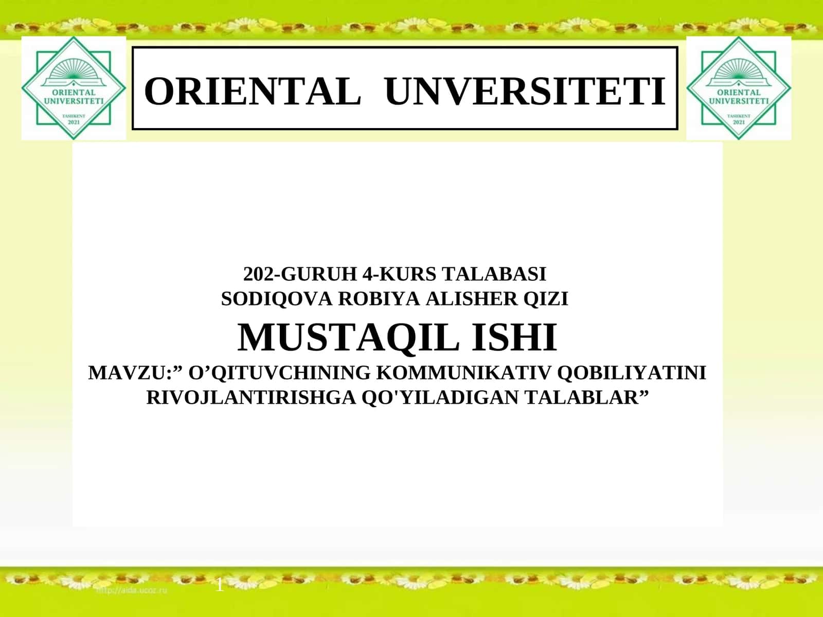 ”O’QITUVCHINING KOMMUNIKATIV QOBILIYATINI RIVOJLANTIRISHGA QO'YILADIGAN TALABLAR”