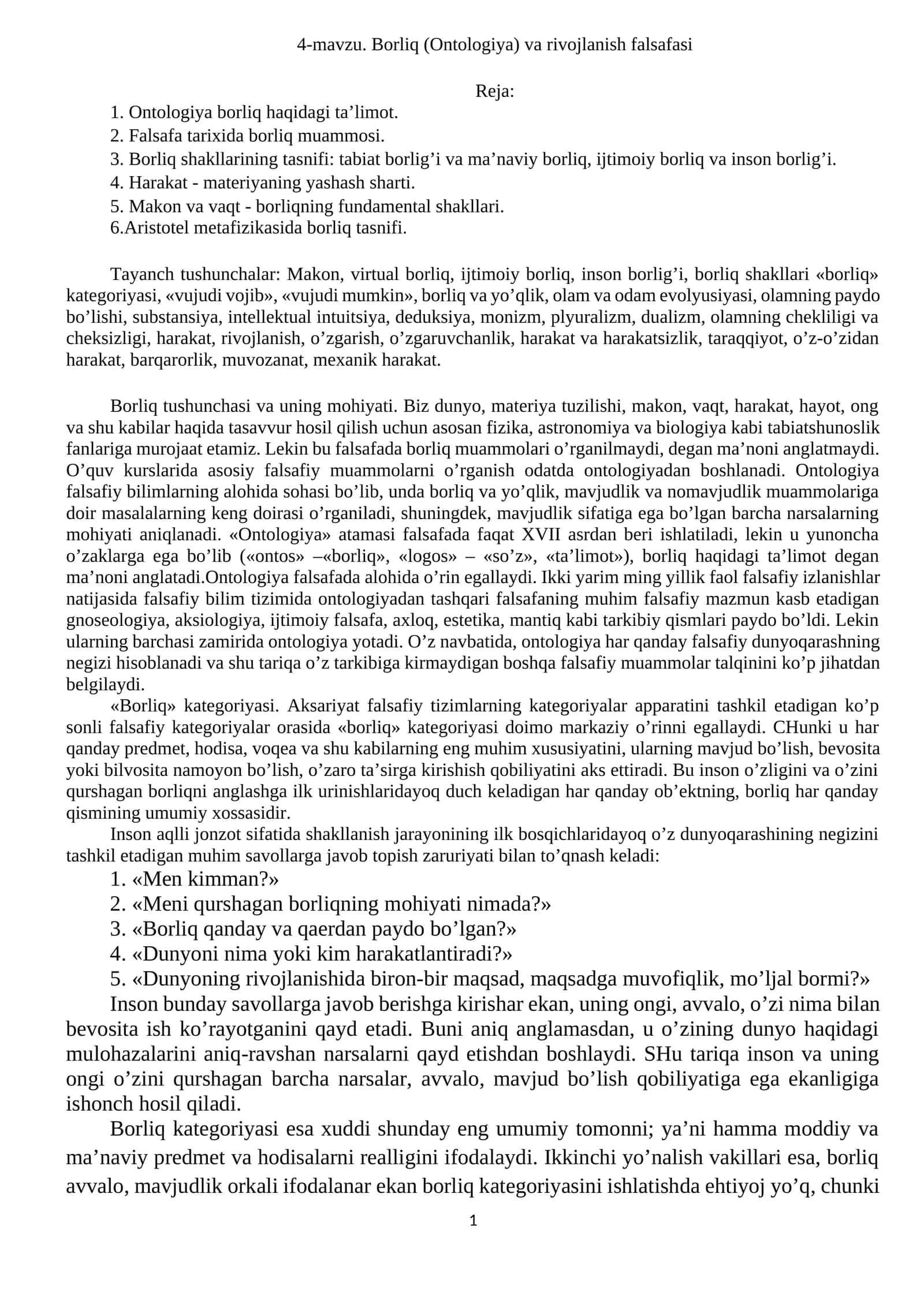 4-mavzu. Borliq (Ontologiya) va rivojlanish falsafasi