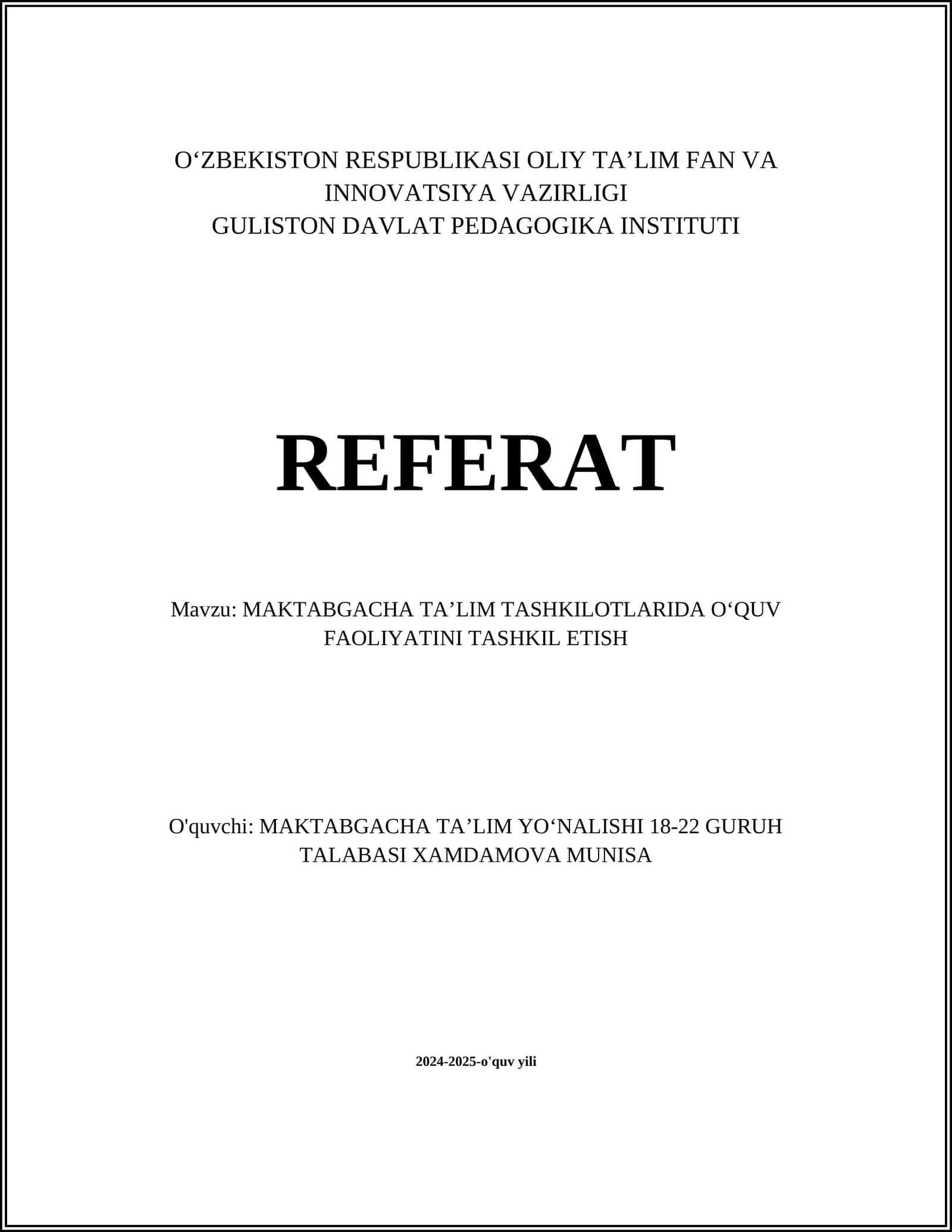 Maktabgacha ta'limda dars rejalashtirish