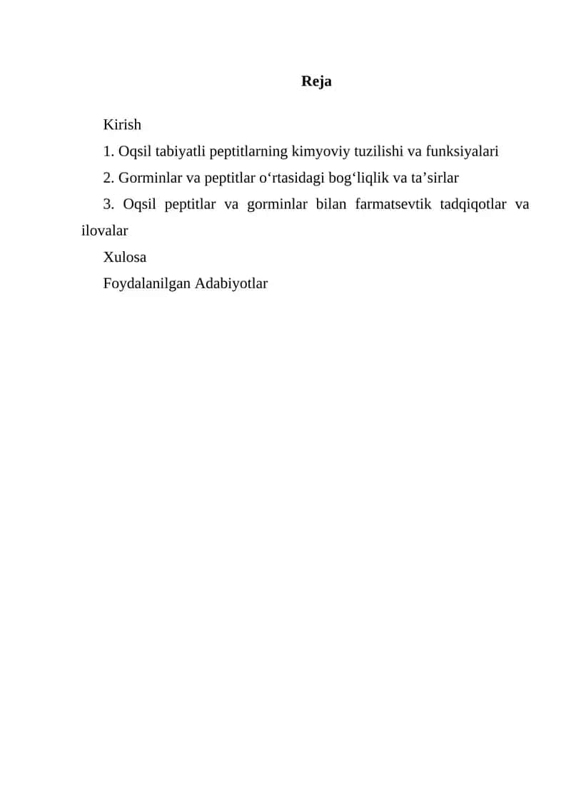 Oqsil tabiyatli peptitlarning kimyoviy tuzilishi va funksiyalari