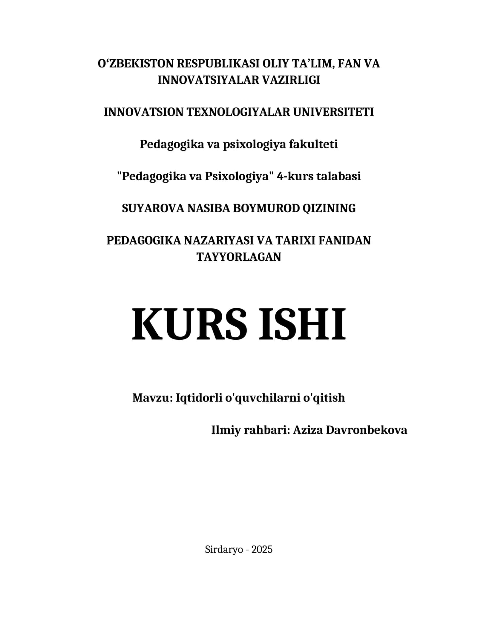 PEDAGOGIKA NAZARIYASI VA TARIXI FANIDAN TAYYORLAGAN KURS ISHI