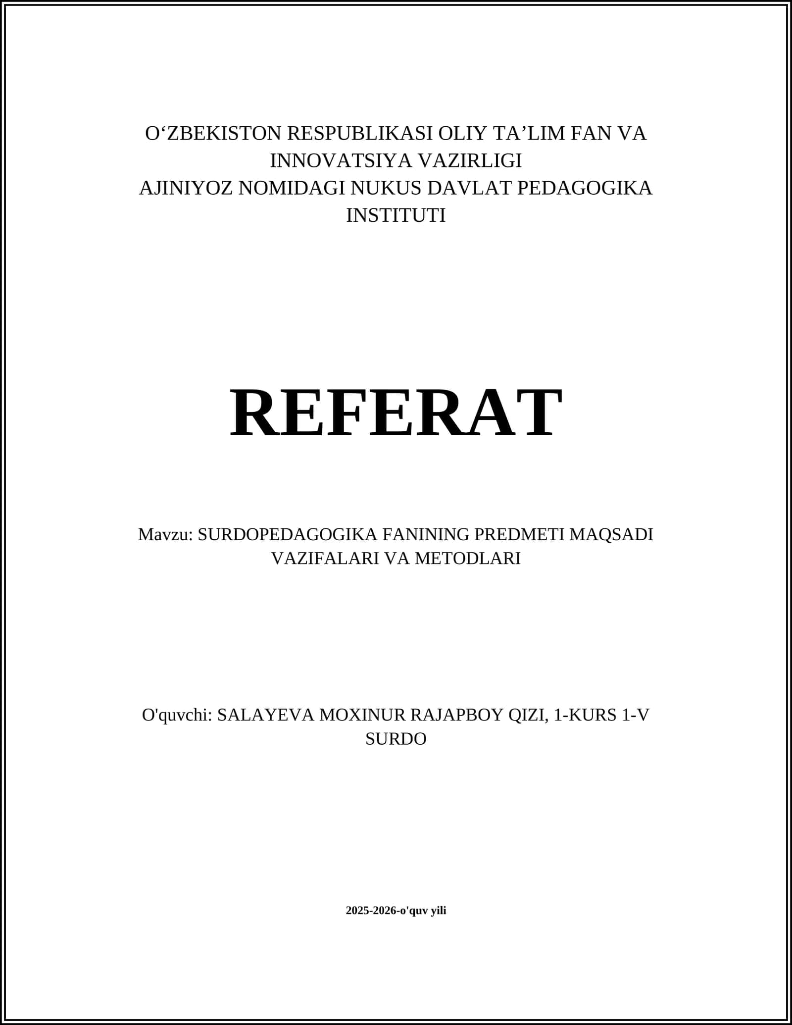 SURDOPEDAGOGIKA FANINING PREDMETI MAQSADI VAZIFALARI VA METODLARI