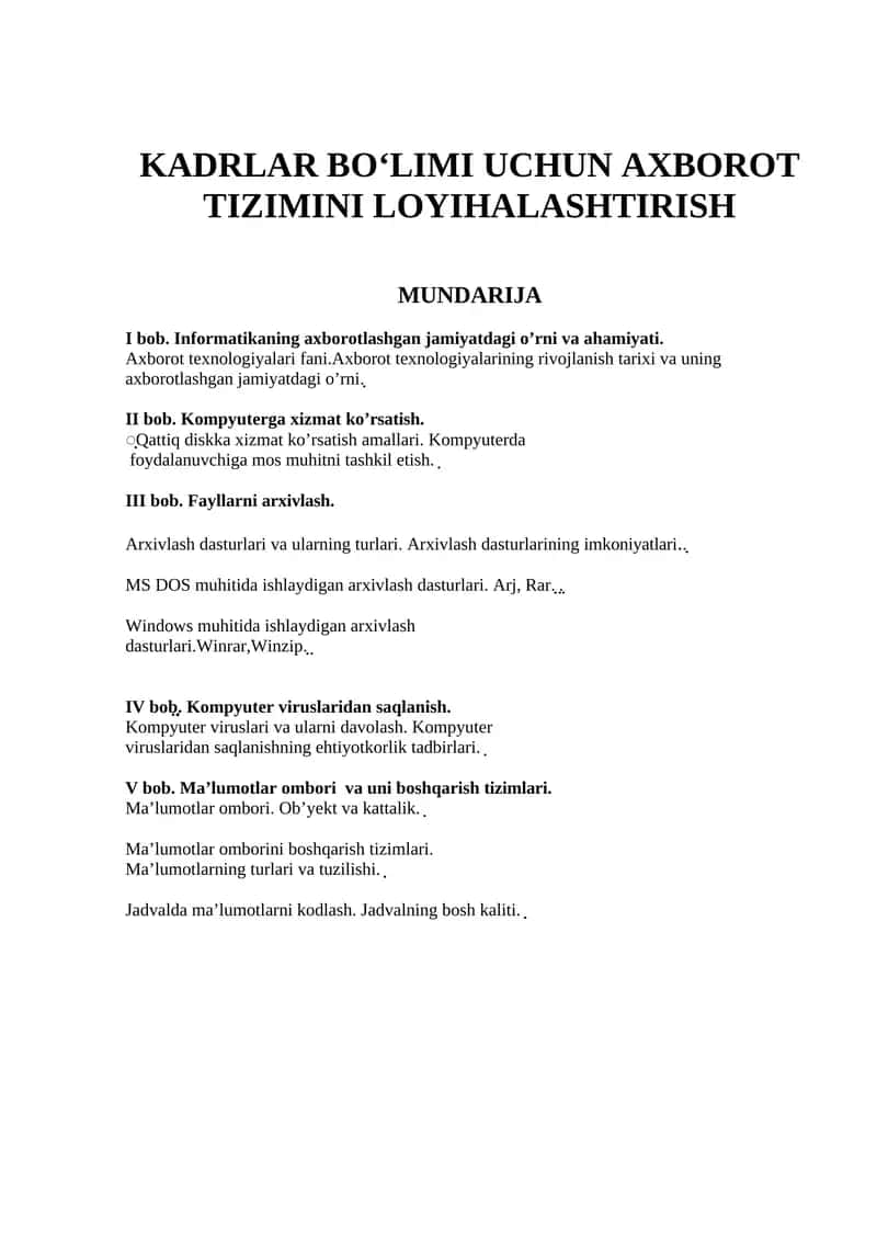 KADRLAR BO‘LIMI UCHUN AXBOROT TIZIMINI LOYIHALASHTIRISH
