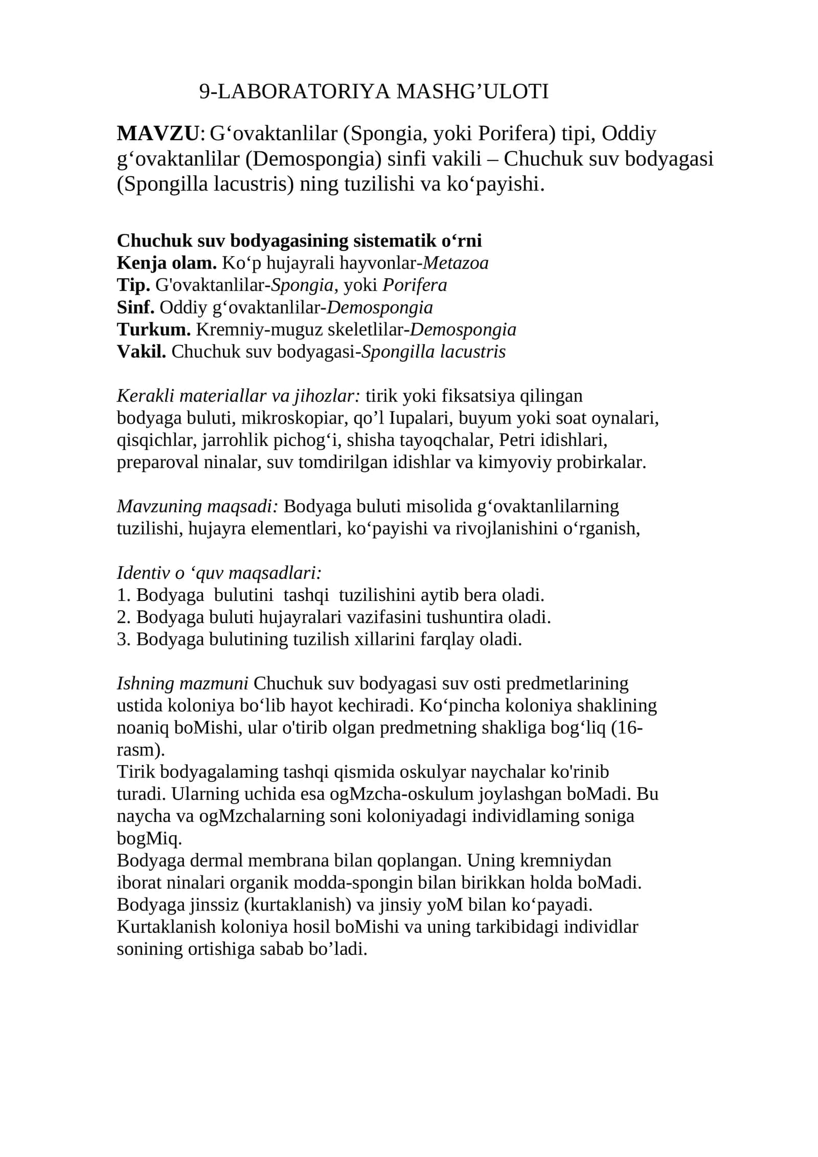 Chuchuk suv bodyagasi (Spongilla lacustris)