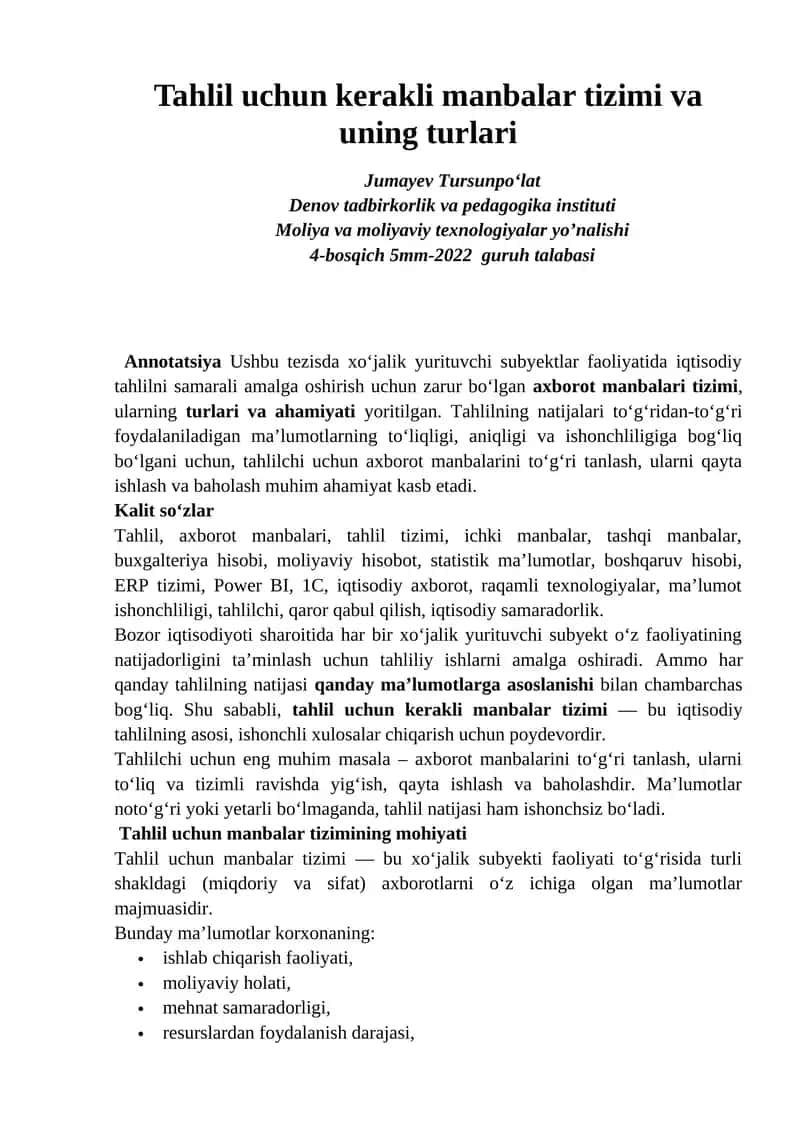 Tahlil uchun kerakli manbalar tizimi va uning turlari