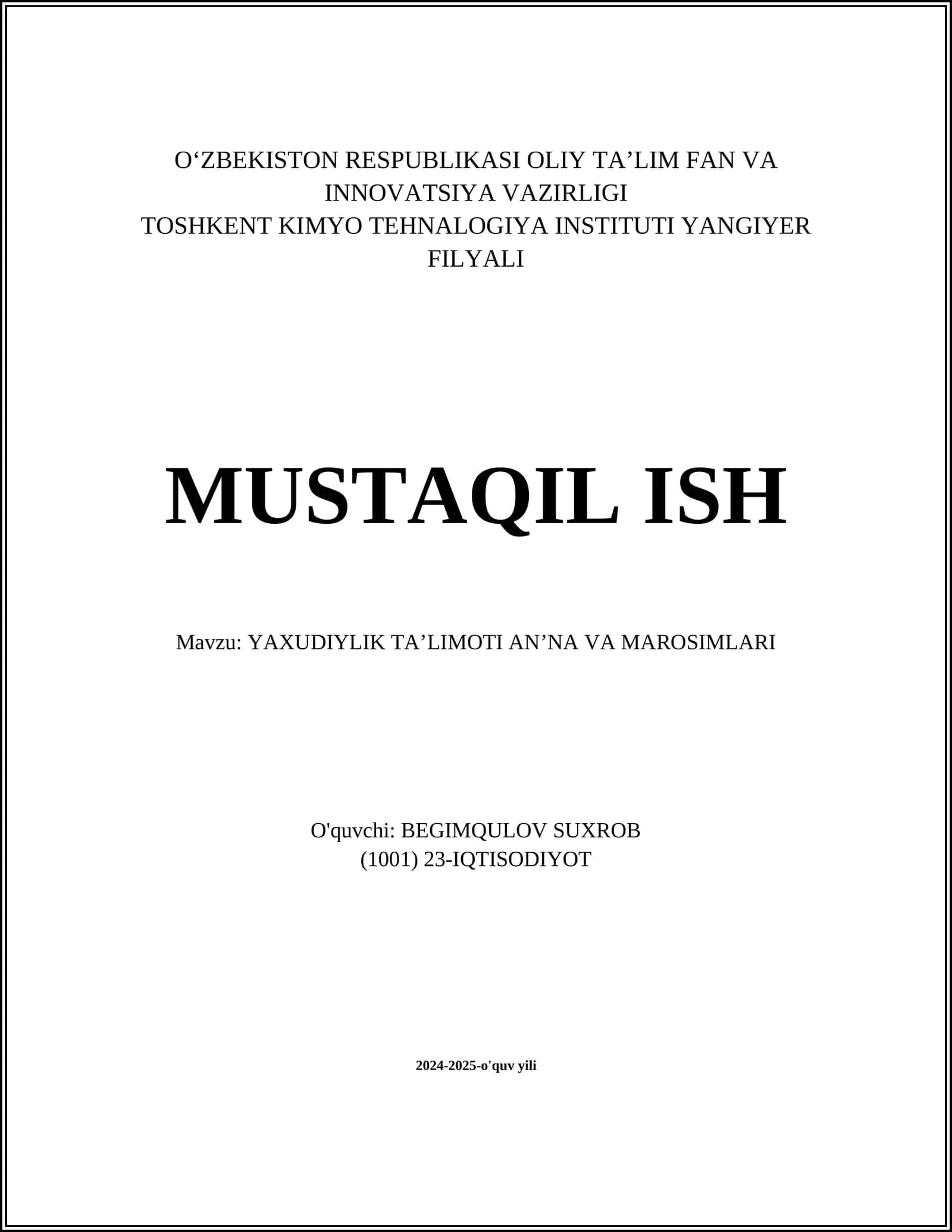 YAXUDIYLIK TA’LIMOTI AN’NA VA MAROSIMLARI