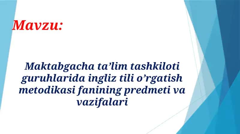Maktabgacha ta'lim tashkilotlarida ingliz tili o'rgatish metodikasi