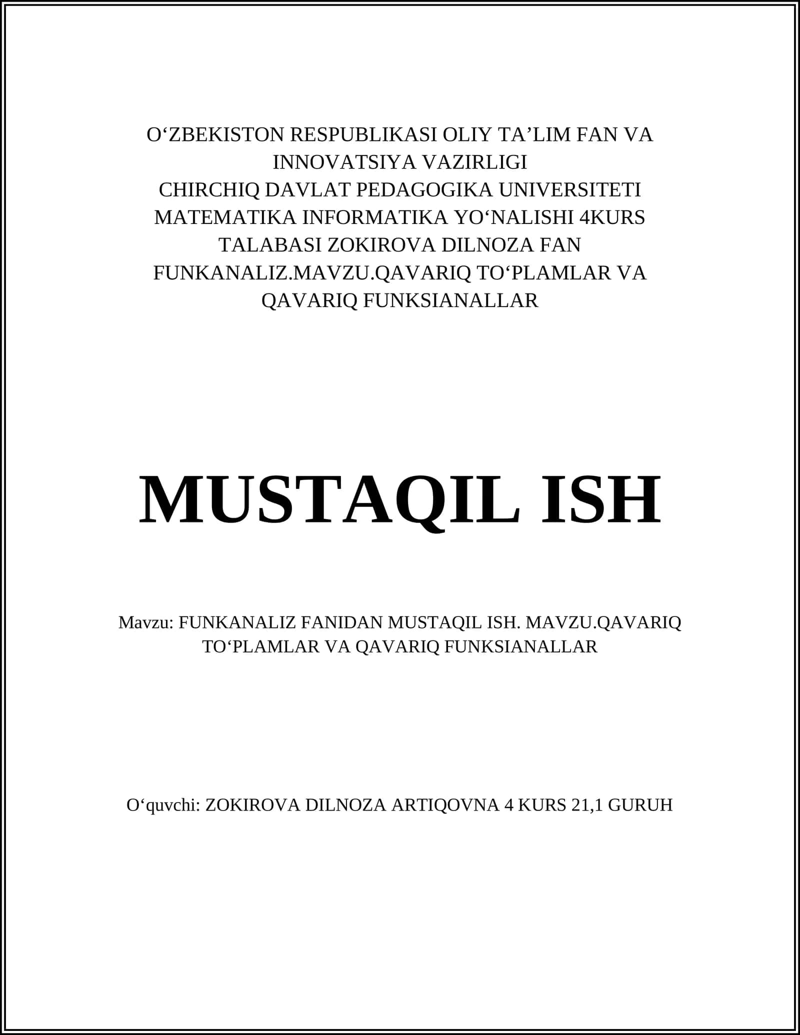 FUNKANALIZ FANIDAN MUSTAQIL ISH