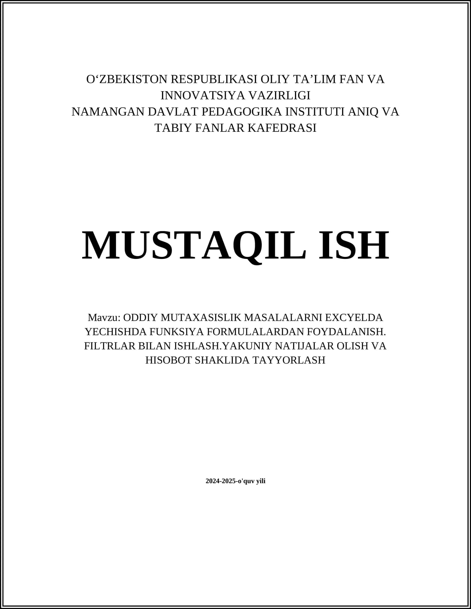 ODDIY MUTAXASISLIK MASALALARNI EXCYELDA YECHISHDA FUNKSIYA FORMULALARDAN FOYDALANISH