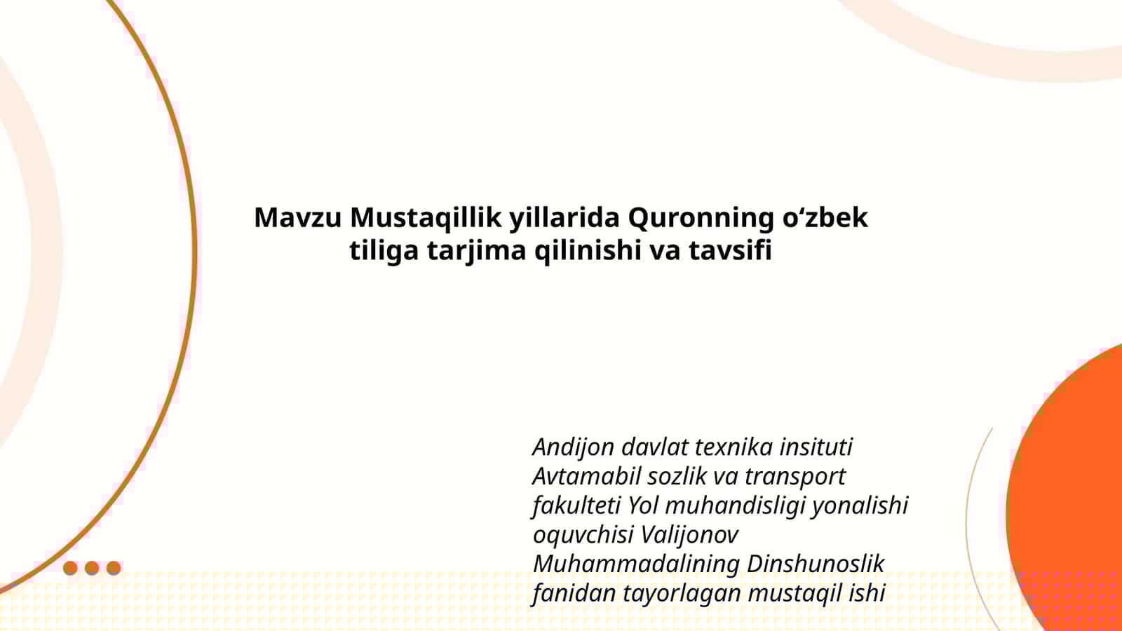Dinshunoslik fanidan mustaqil ish