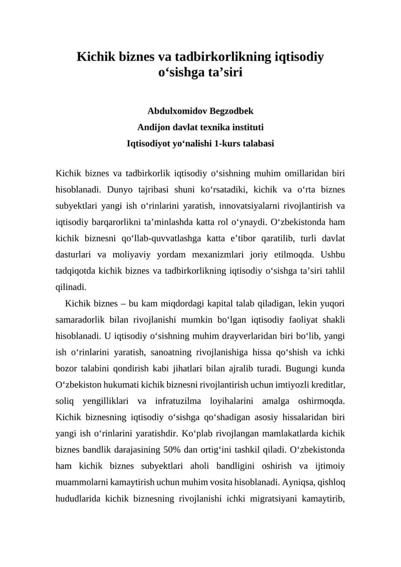 Kichik biznes va tadbirkorlikning iqtisodiy o‘sishga ta’siri