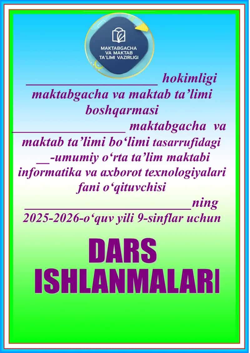 9-sinf uchun informatika va axborot texnologiyalar fanidan taqvim mavzu rejasi