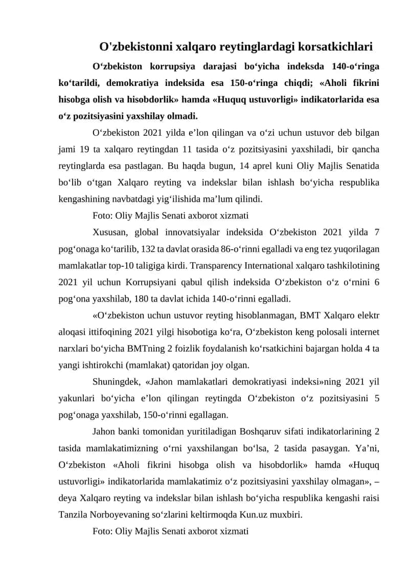 O'zbekistonni xalqaro reytinglardagi korsatkichlari