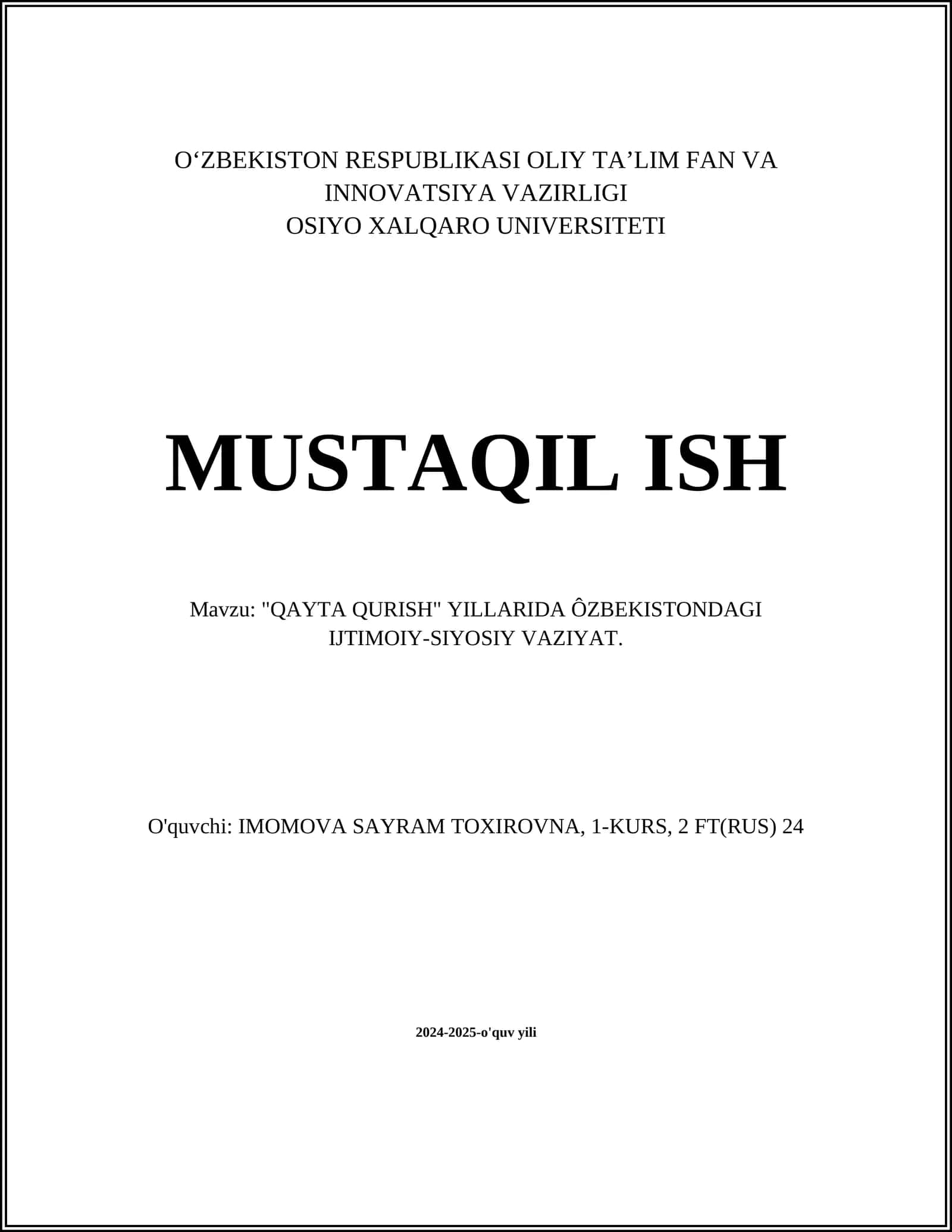 QAYTA QURISH - YILLARIDA ÔZBEKISTONDAGI IJTIMOIY-SIYOSIY VAZIYAT