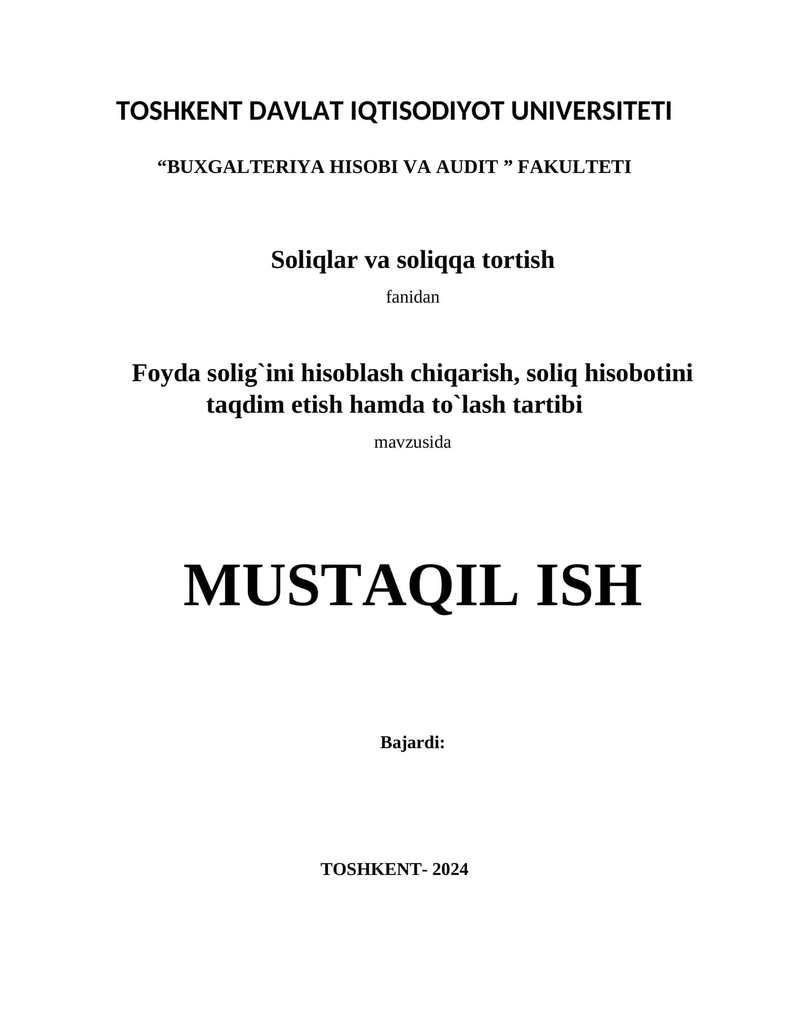 Foyda solig`ini hisoblash chiqarish, soliq hisobotini taqdim etish hamda to`lash tartibi