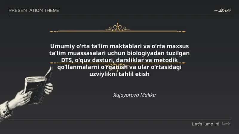 Umumiy oʻrta ta'lim maktablari va oʻrta maxsus ta'lim muassasalari uchun biologiyadan tuzilgan DTS, oʻquv dasturi, darsliklar va metodik qoʻllanmalarni o'rganish va ular oʻrtasidagi uzviylikni tahlil etish