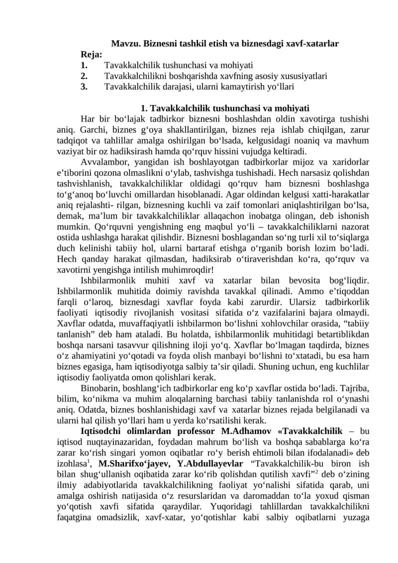 Tavakkalchilik tushunchasi va mohiyati