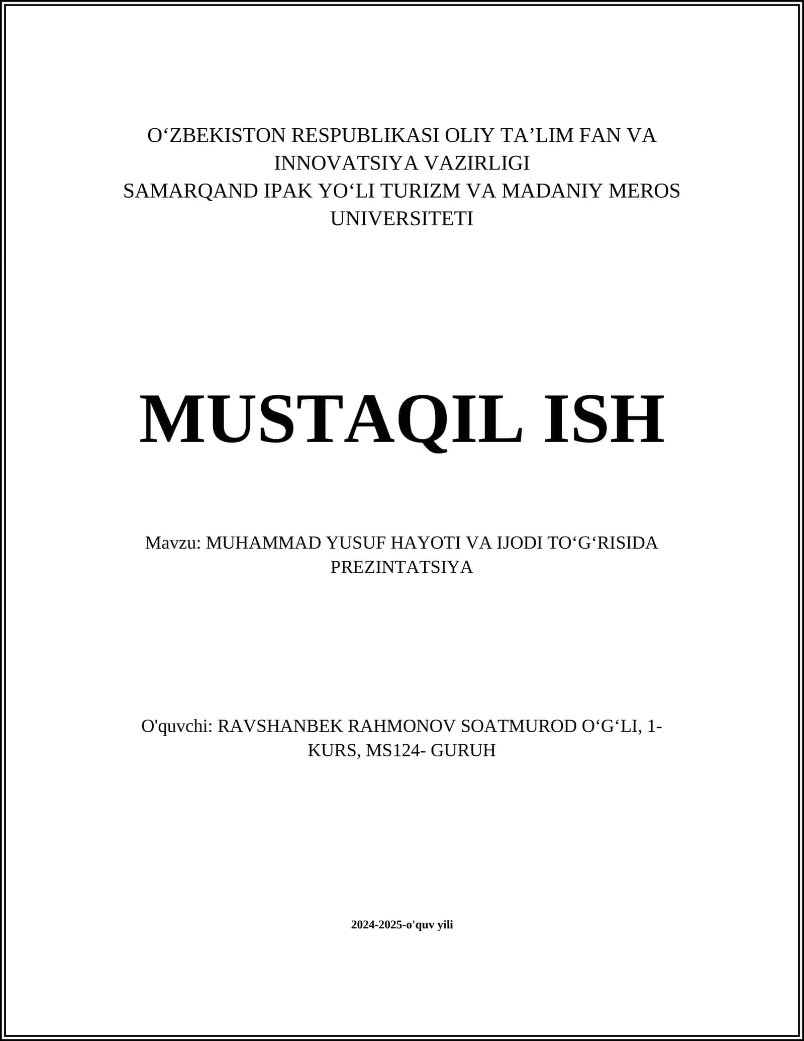MUHAMMAD YUSUF HAYOTI VA IJODI TOʻGʻRISIDA PREZINTATSIYA