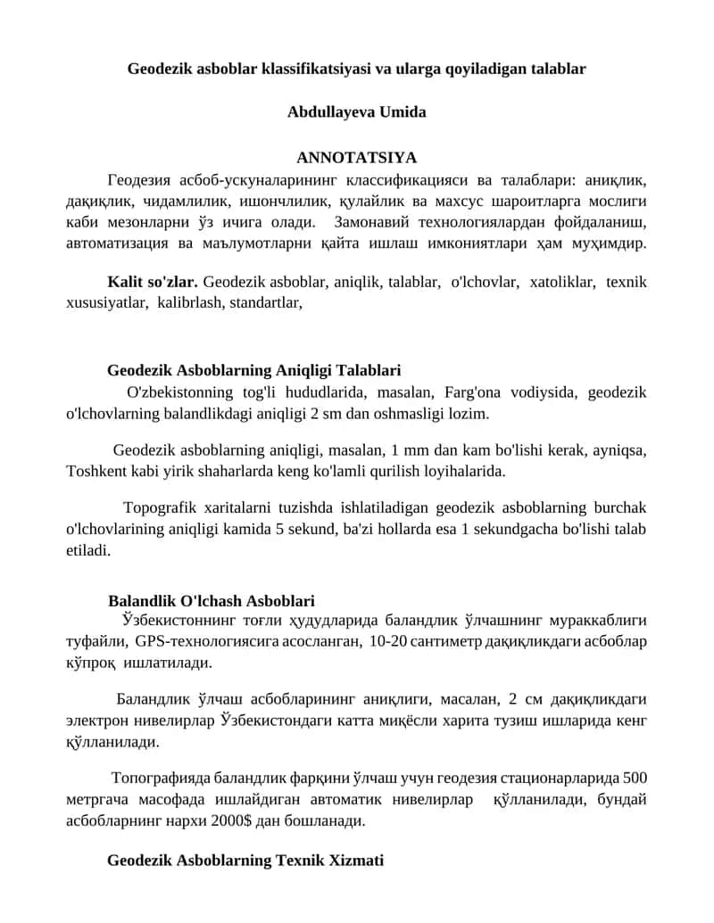 Geodezik asboblar klassifikatsiyasi va ularga qoyiladigan talablar
