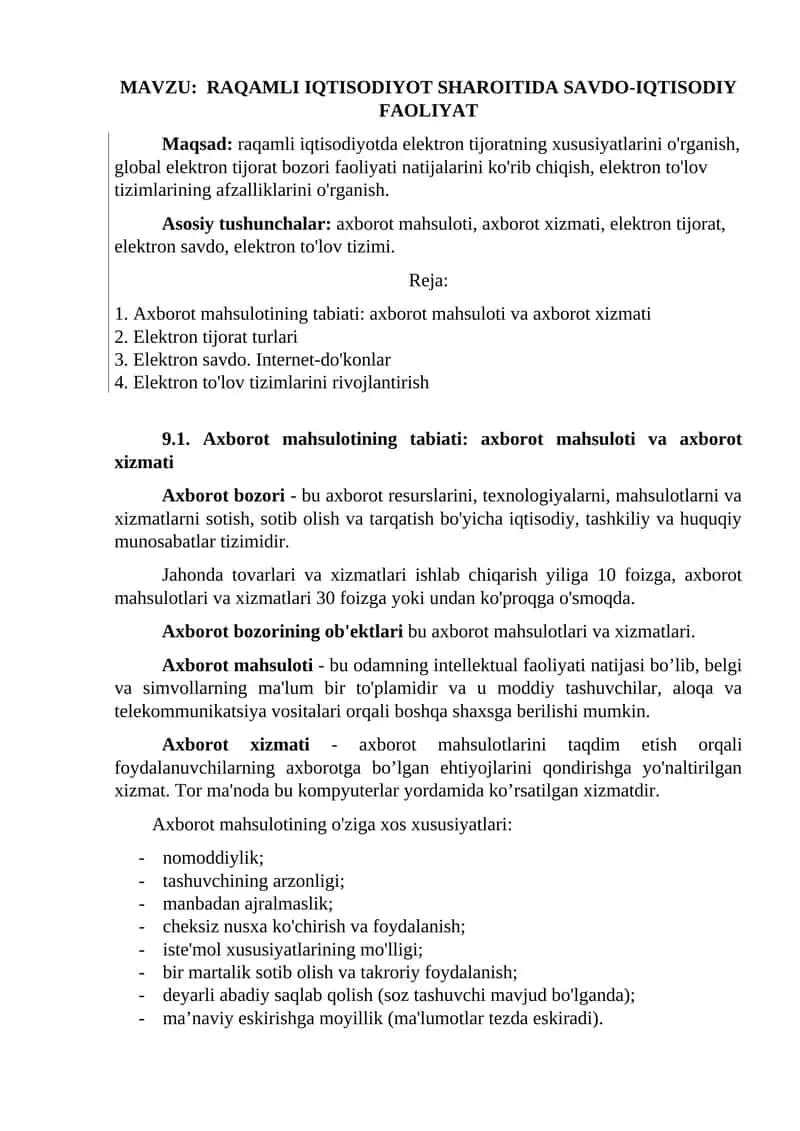 RAQAMLI IQTISODIYOT SHAROITIDA SAVDO-IQTISODIY FAOLIYAT