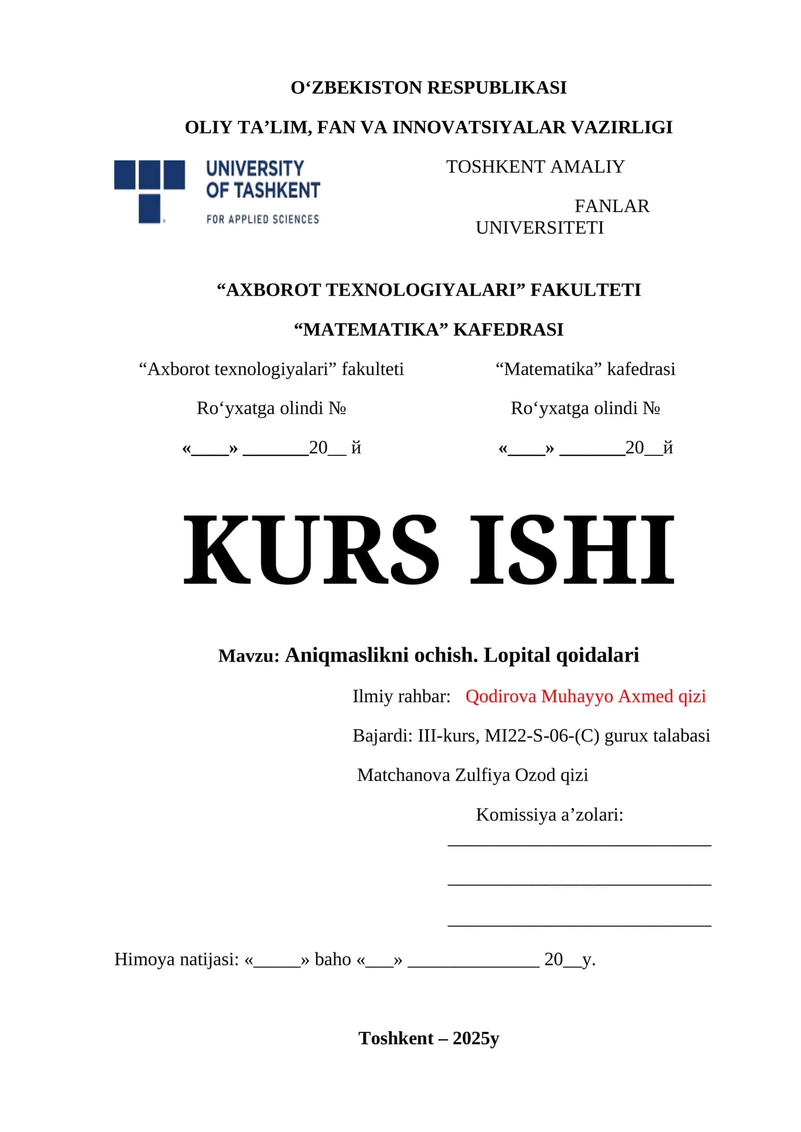 Aniqmaslikni ochish. Lopital qoidalari