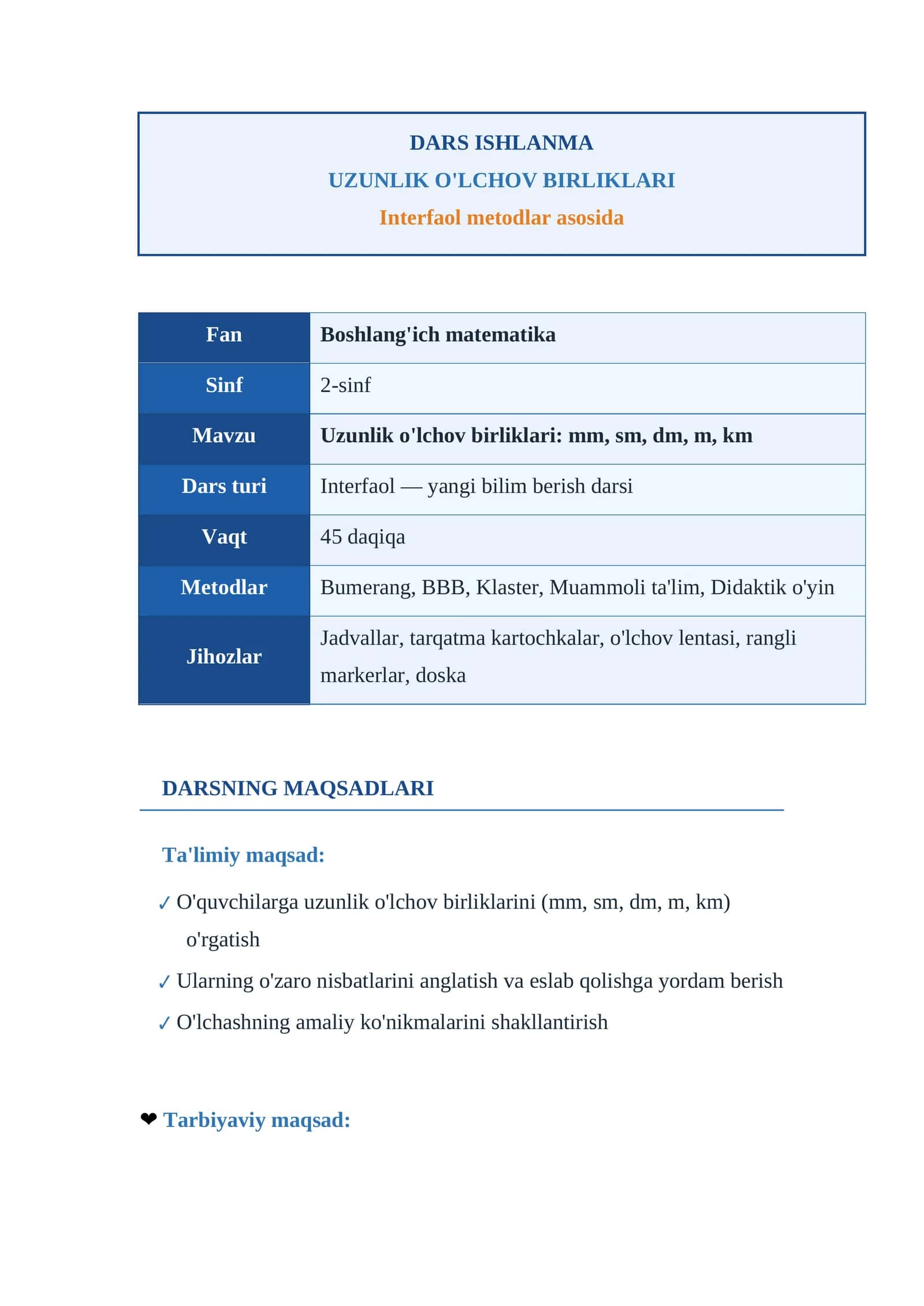 UZUNLIK O'LCHOV BIRLIKLARI    dars ishlanma