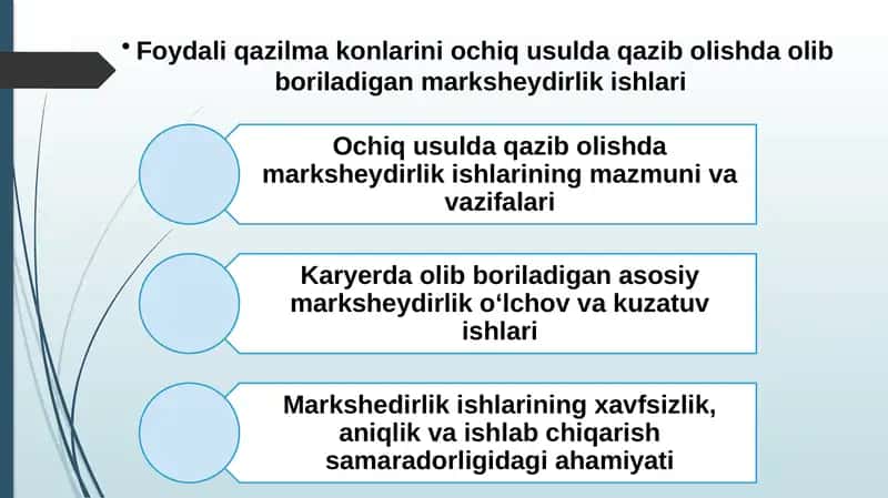 Foydali qazilma konlarini ochiq usulda qazib olishda olib boriladigan marksheydirlik ishlari