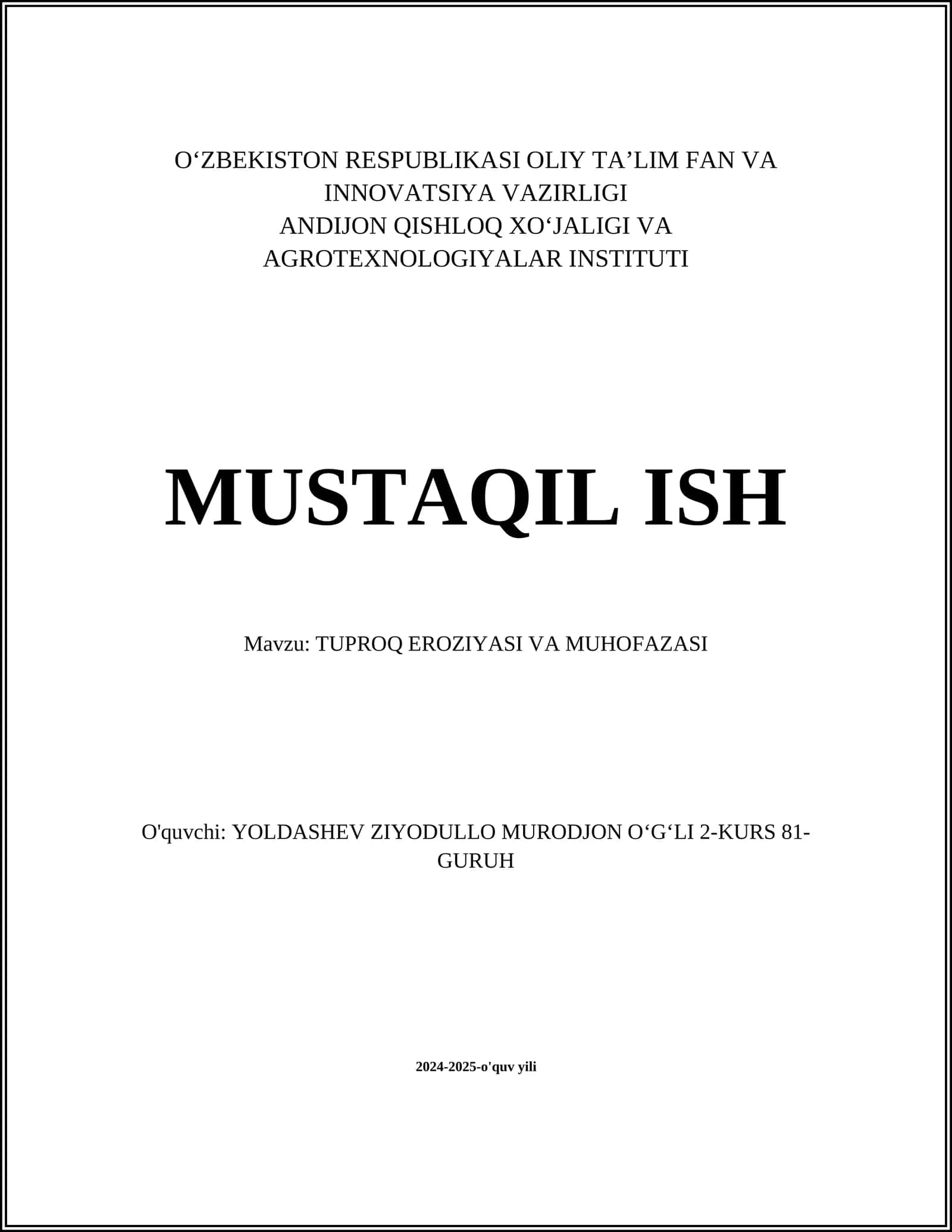 TUPROQ EROZIYASI VA MUHOFAZASI
