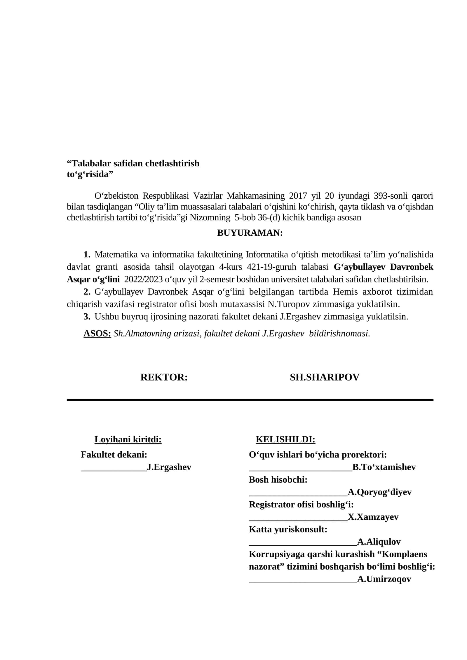 Talabalar safidan chetlashtirish to‘g‘risida