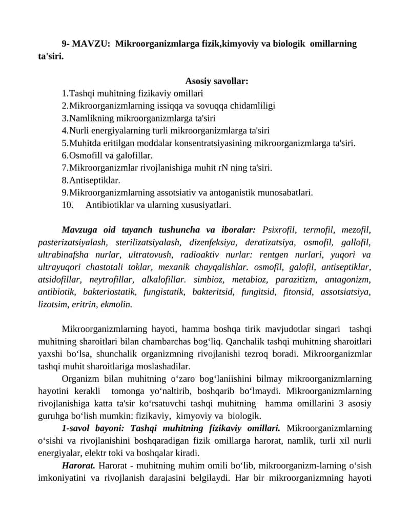 Mikroorganizmlarga fizik,kimyoviy va biologik omillarning ta'siri