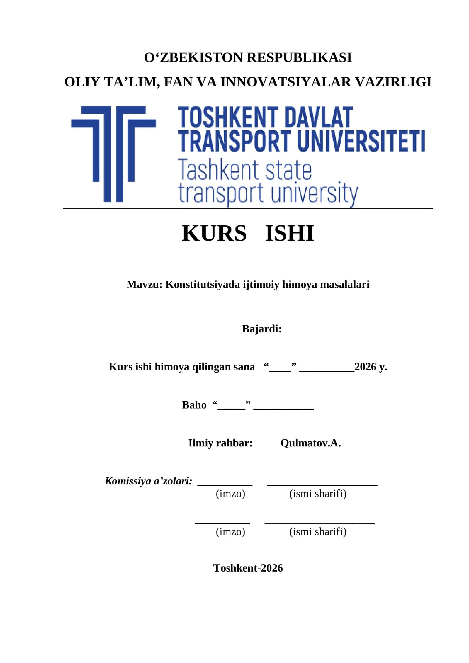 Konstitutsiyada ijtimoiy himoya masalalari kurs ishi