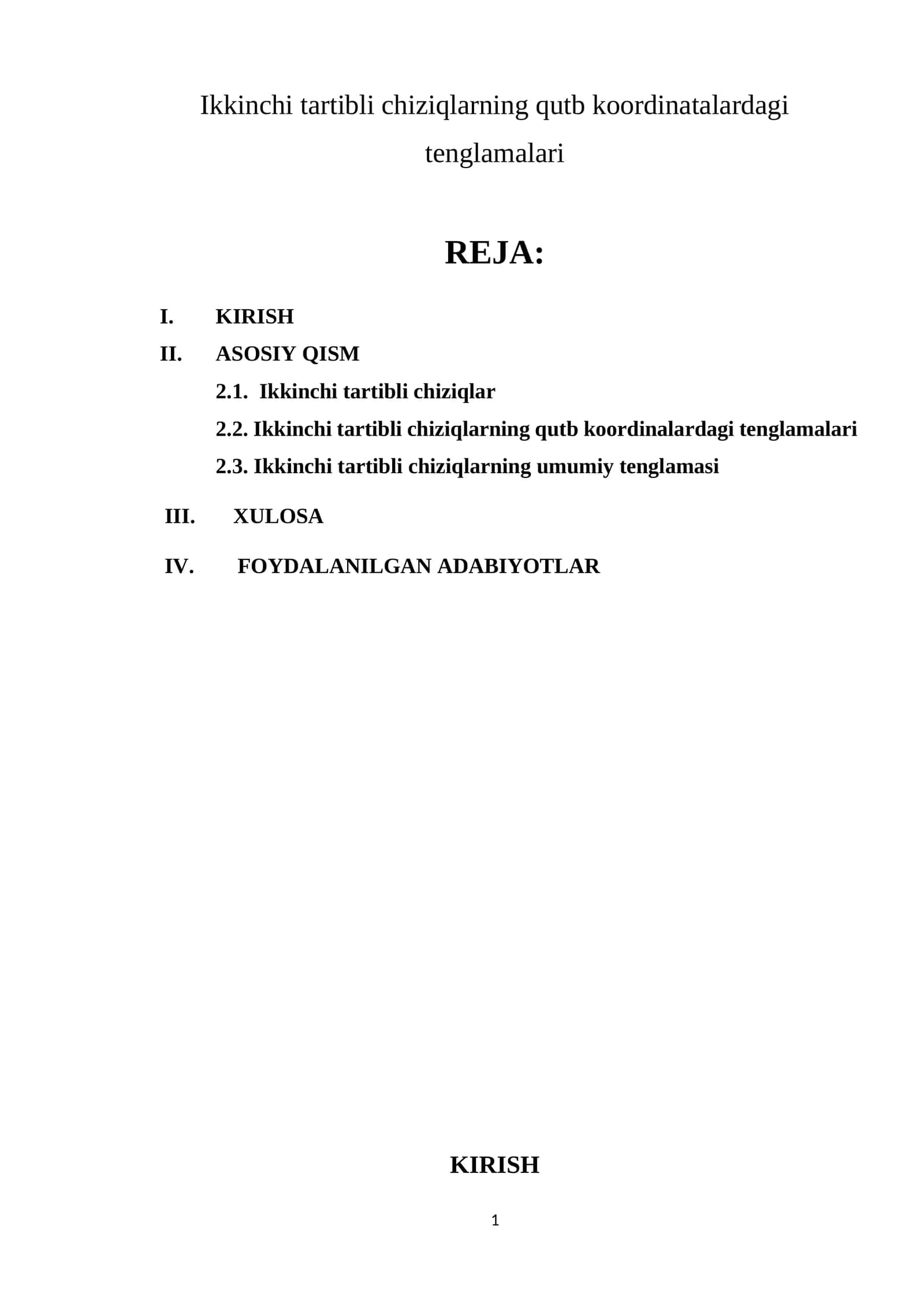 Ikkinchi tartibli chiziqlarning qutb koordinatalardagi tenglamalari