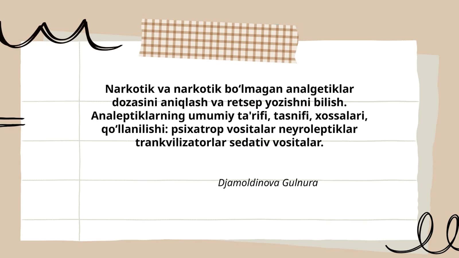 Analeptiklarning umumiy ta'rifi, tasnifi, xossalari, qoʻllanilishi: psixatrop vositalar neyroleptiklar trankvilizatorlar sedativ vositalar