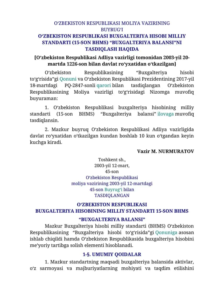 O‘ZBEKISTON RESPUBLIKASI BUXGALTERIYA HISOBI MILLIY STANDARTI (15-SON BHMS) “BUXGALTERIYA BALANSI”NI TASDIQLASH HAQIDA