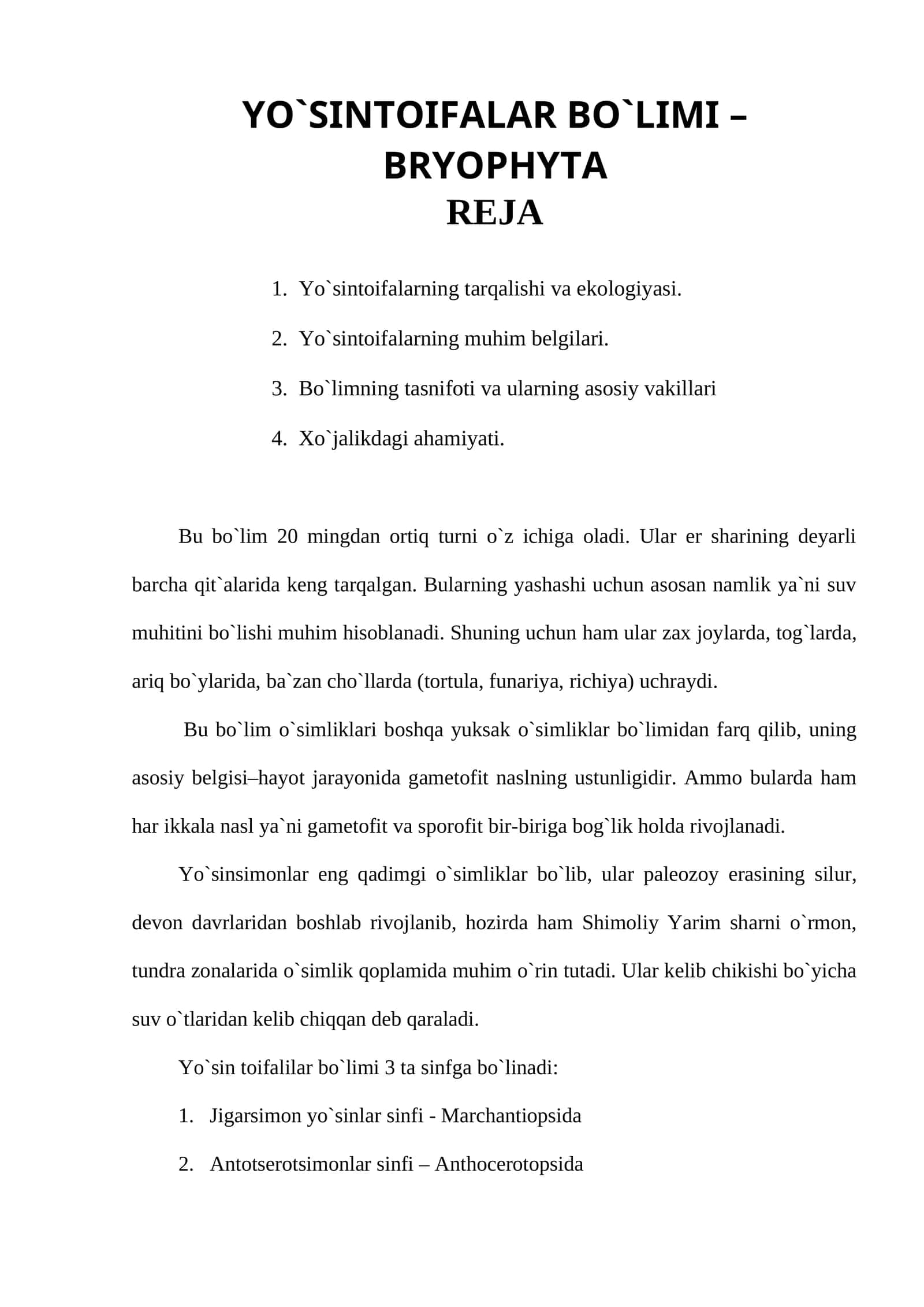 Yo`sintoifalar bo`limi – Bryophyta