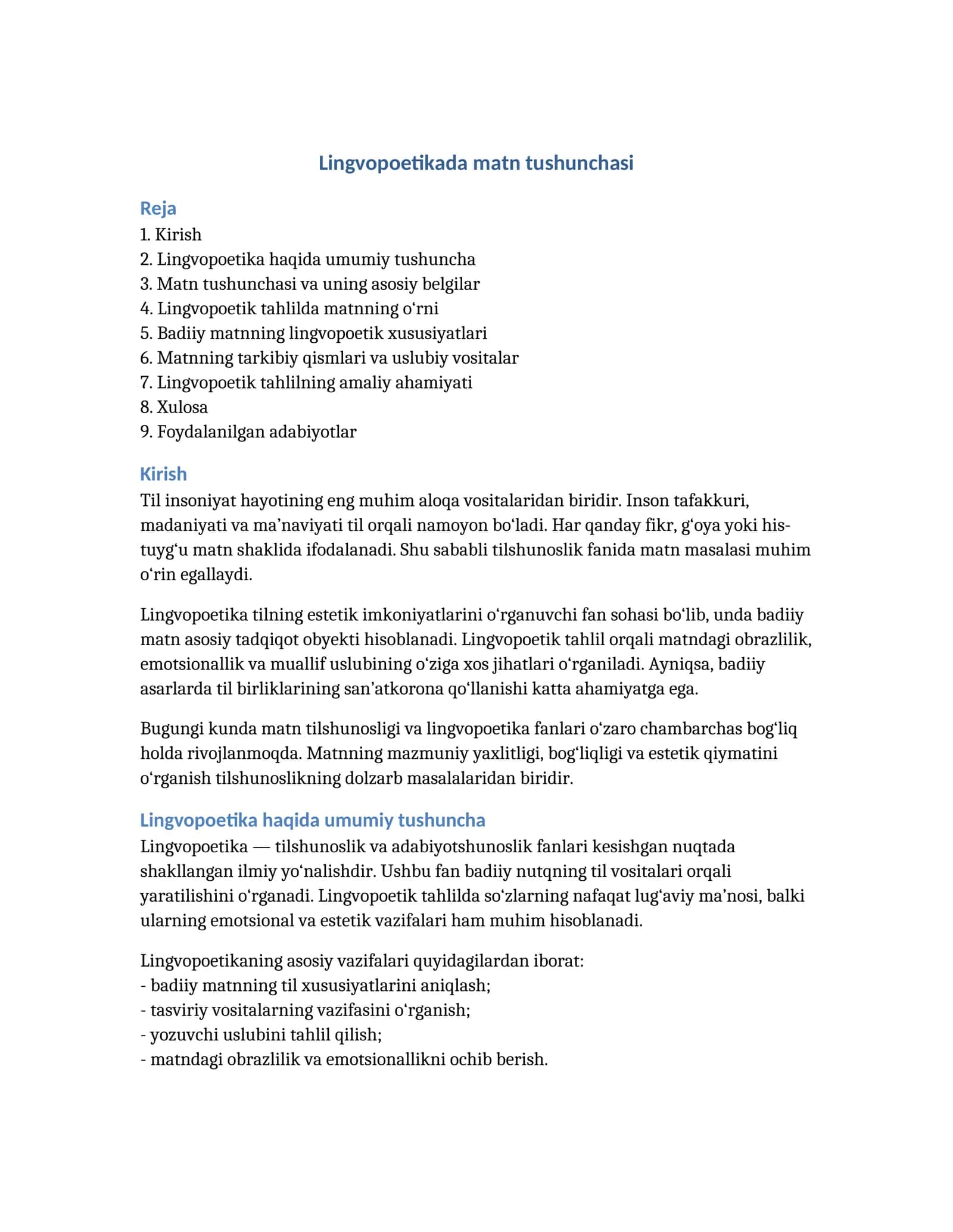Lingvopoetikada matn tushunchasi