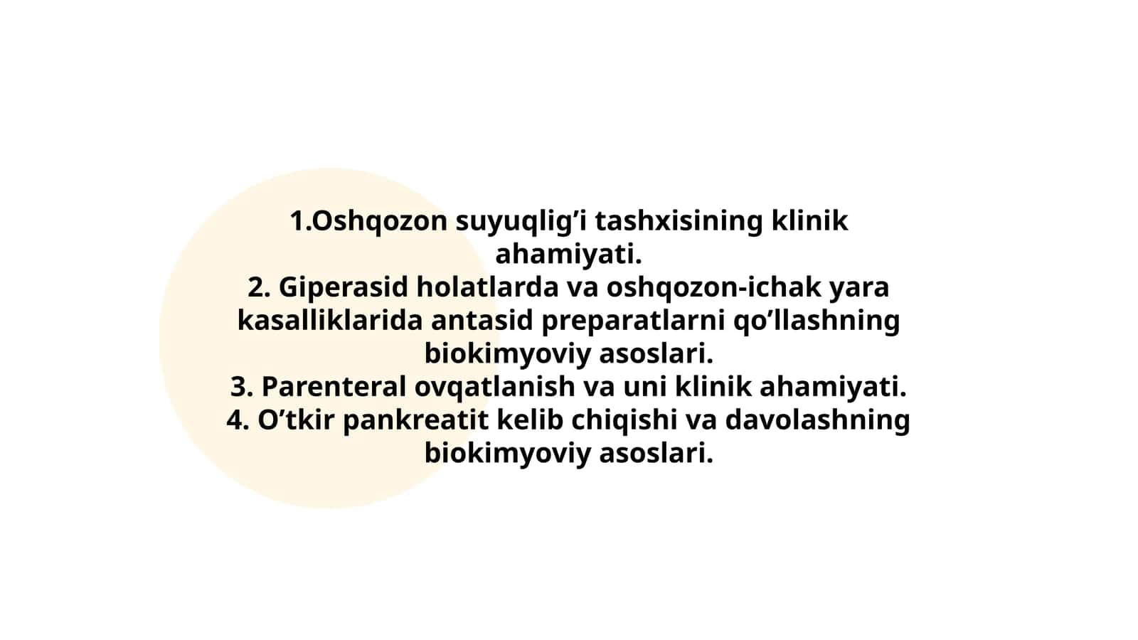 Oshqozon suyuqlig’i tashxisining klinik ahamiyati. Giperasid holatlarda va oshqozon-ichak yara kasalliklarida antasid preparatlarni qo’llashning biokimyoviy asoslari. Parenteral ovqatlanish va uni klinik ahamiyati. O’tkir pankreatit kelib chiqishi va davolashning biokimyoviy asoslari
