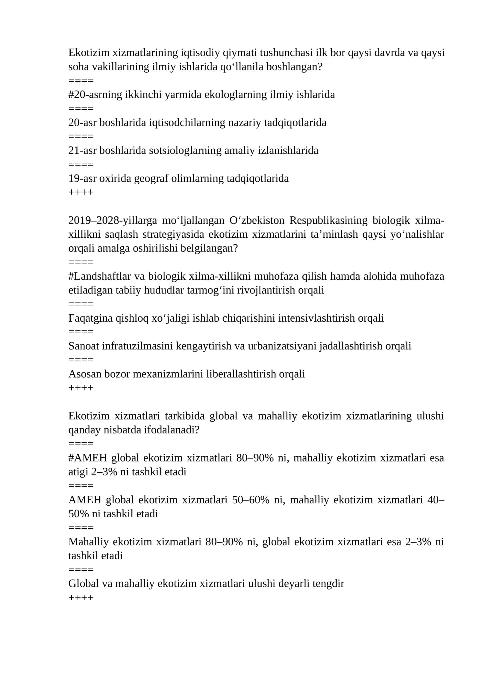 Yashil iqtisdiyot fanidan yakuniy test savollari + javoblari